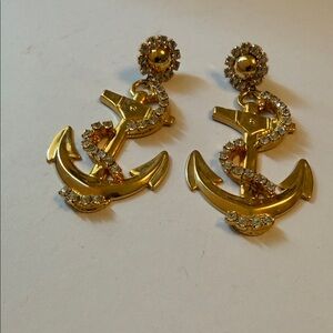 Runway Style Huge Gold-Tone With Rhinestones Dangle Pierced Earrings